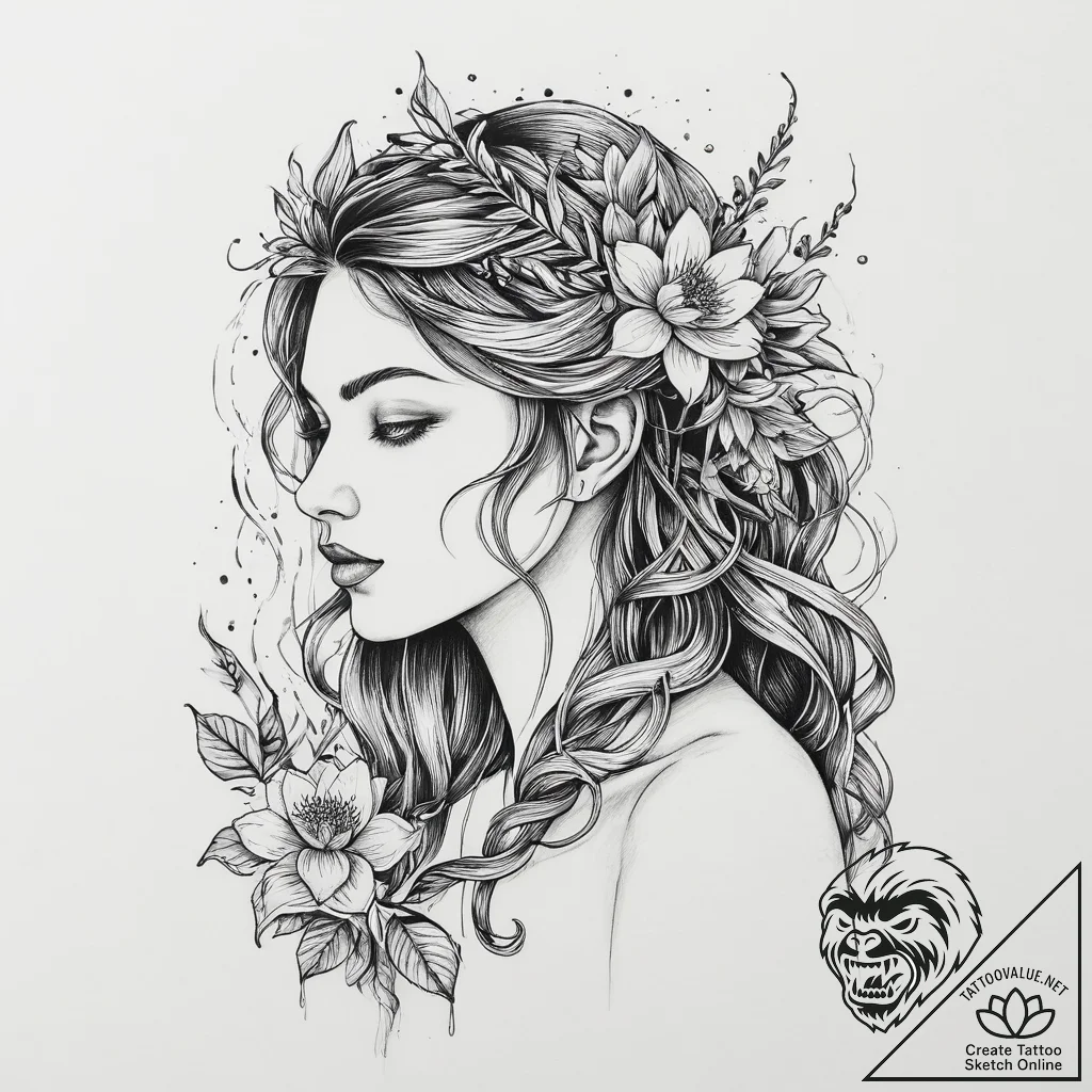 A neo-traditional tattoo of a rusalka brushin... - tattoo sketch (№1754508141_0, 06.08.2025 19:22) — tattoovalue.net