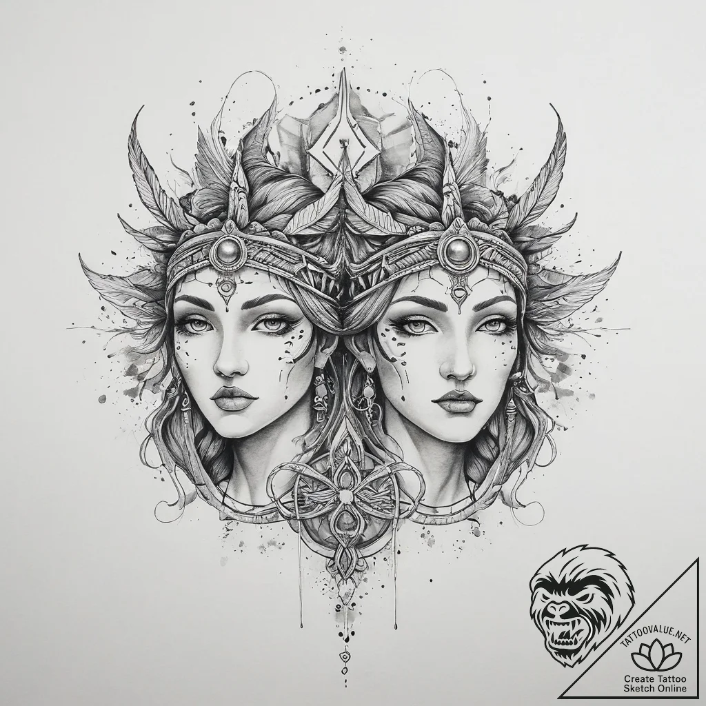 Tattoo sketch gemini figures as ancient shama... - tattoo sketch (№1754508345_0, 06.08.2025 19:25) — tattoovalue.net
