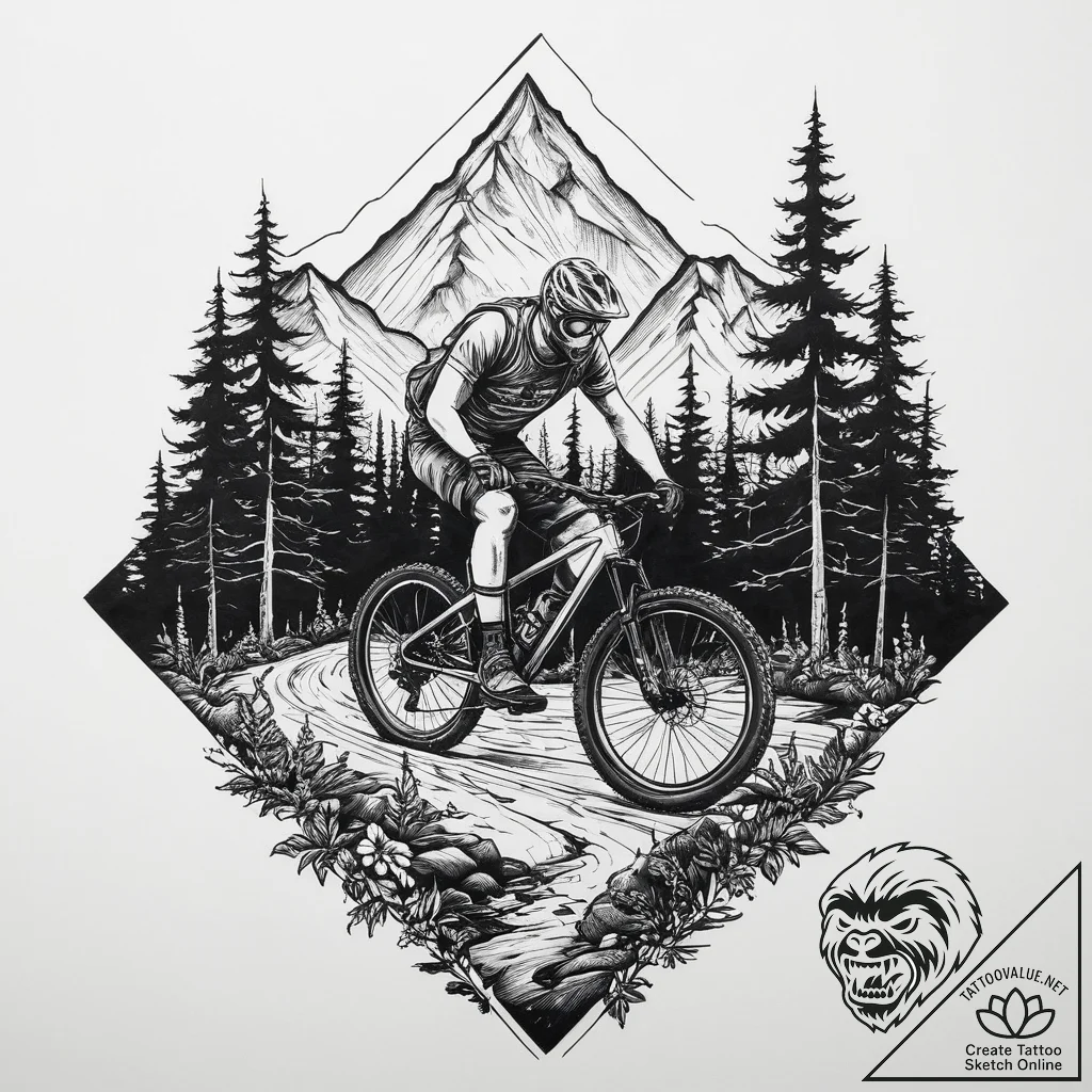 A shot of a mountain biker navigating a narro... - tattoo sketch (№1754509167_0, 06.08.2025 19:39) — tattoovalue.net