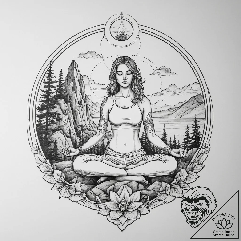 A serene photo of a yoga instructor meditatin... - tattoo sketch (№1754511215_0, 06.08.2025 20:13) — tattoovalue.net