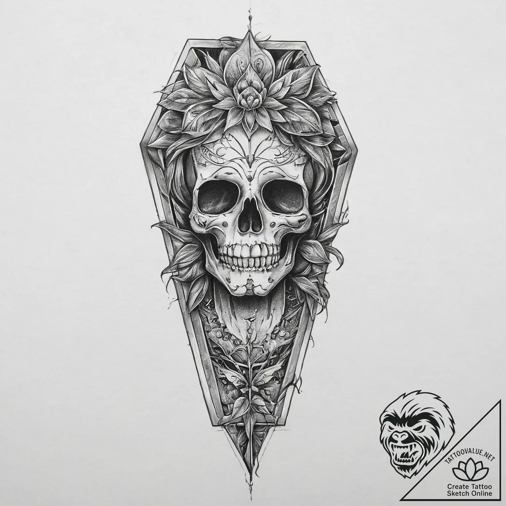 Coffin, artistic tattoo sketch, sepia tone sk... - tattoo sketch (№1754512442_0, 06.08.2025 20:34) — tattoovalue.net