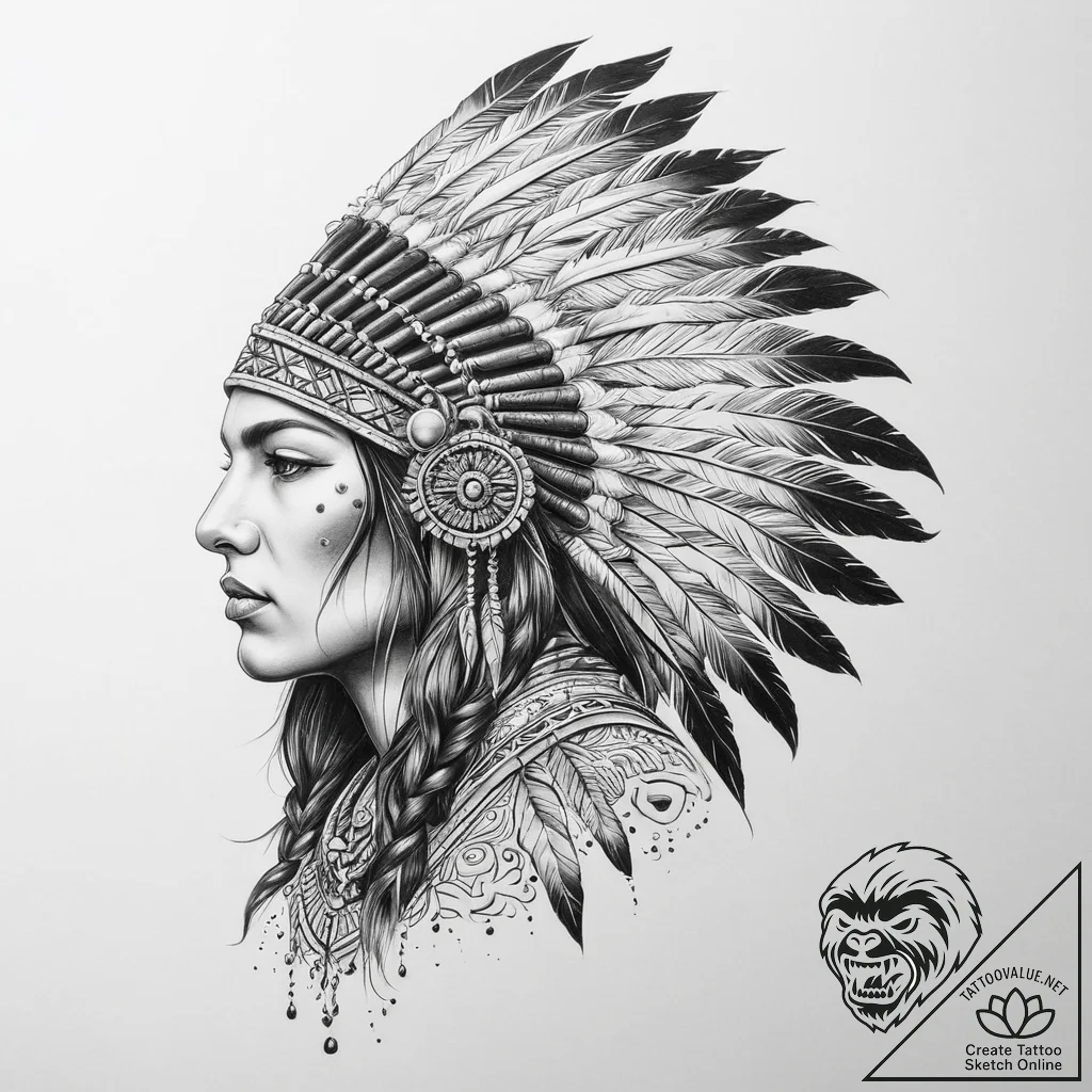 Tattoo sketch a native american warrior's hea... - tattoo sketch (№1754513679_0, 06.08.2025 20:54) — tattoovalue.net