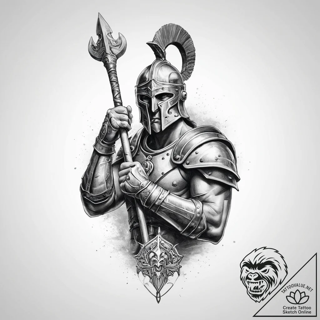 Tattoo sketch a gladiator's armored arm holdi... - tattoo sketch (№1754514510_0, 06.08.2025 21:08) — tattoovalue.net