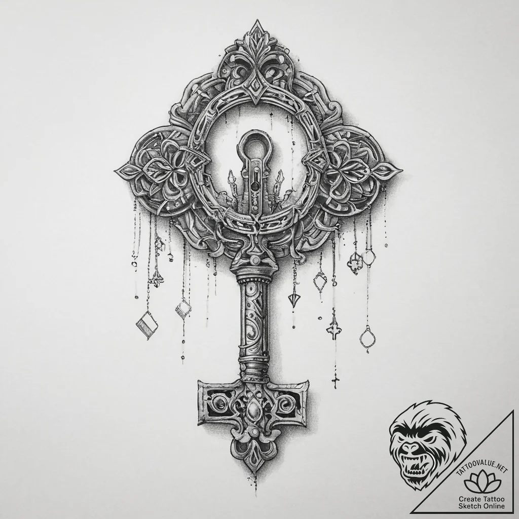 Tattoo design a stylized dungeon key with a u... - tattoo sketch (№1754515315_0, 06.08.2025 21:21) — tattoovalue.net