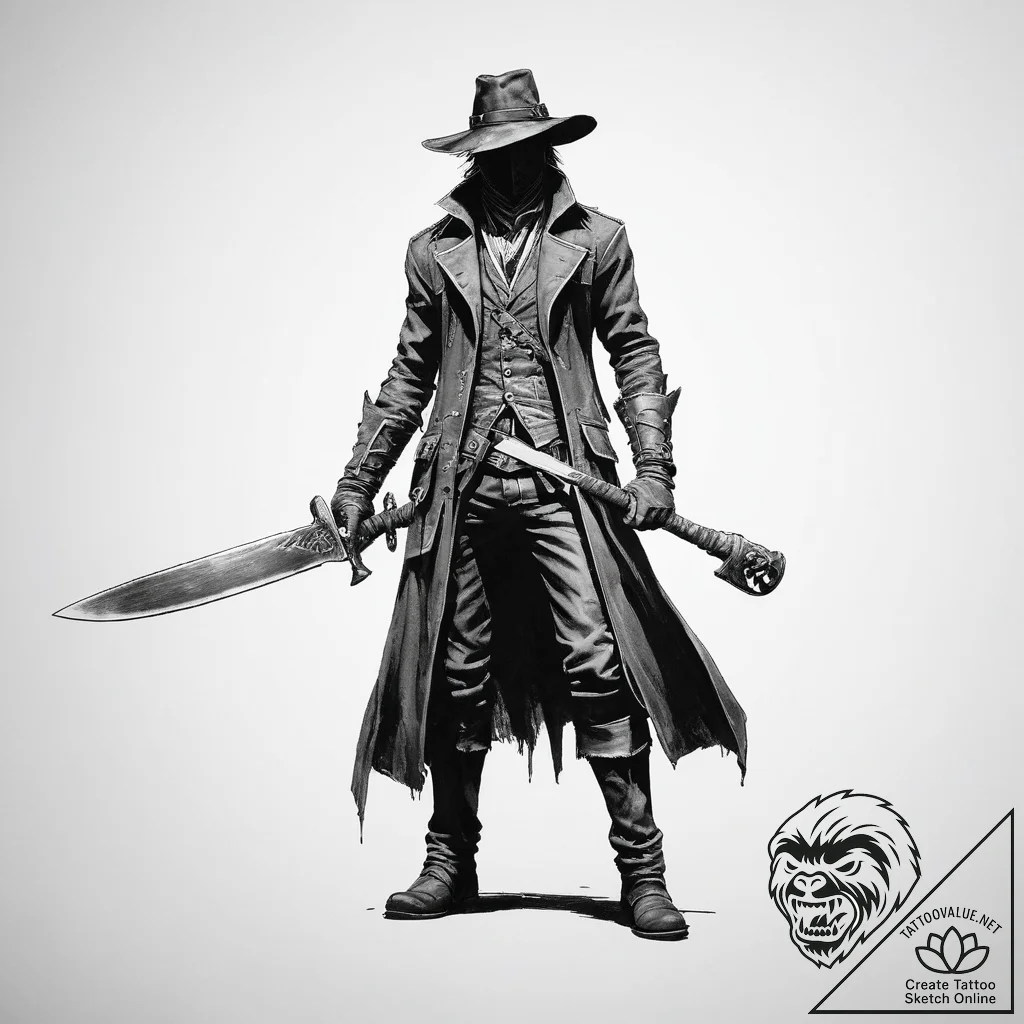 A hunter from bloodborne with saw cleaver - tattoo sketch (№1754516113_0, 06.08.2025 21:35) — tattoovalue.net