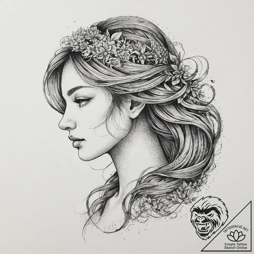 Tattoo design a virgo maiden's profile hidden... - tattoo sketch (№1754516513_0, 06.08.2025 21:41) — tattoovalue.net