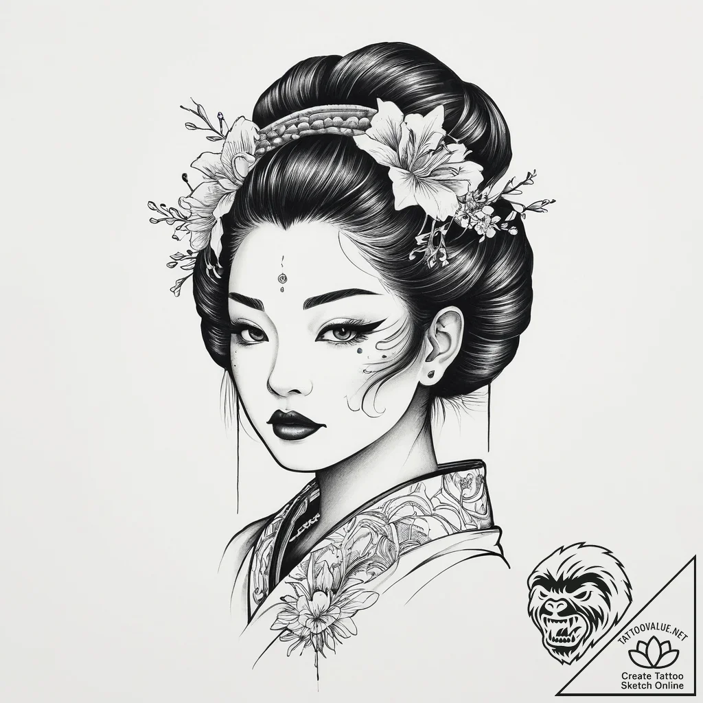 Geisha, tattoo drawing outline, fine lines, d... - tattoo sketch (№1754517720_0, 06.08.2025 22:02) — tattoovalue.net