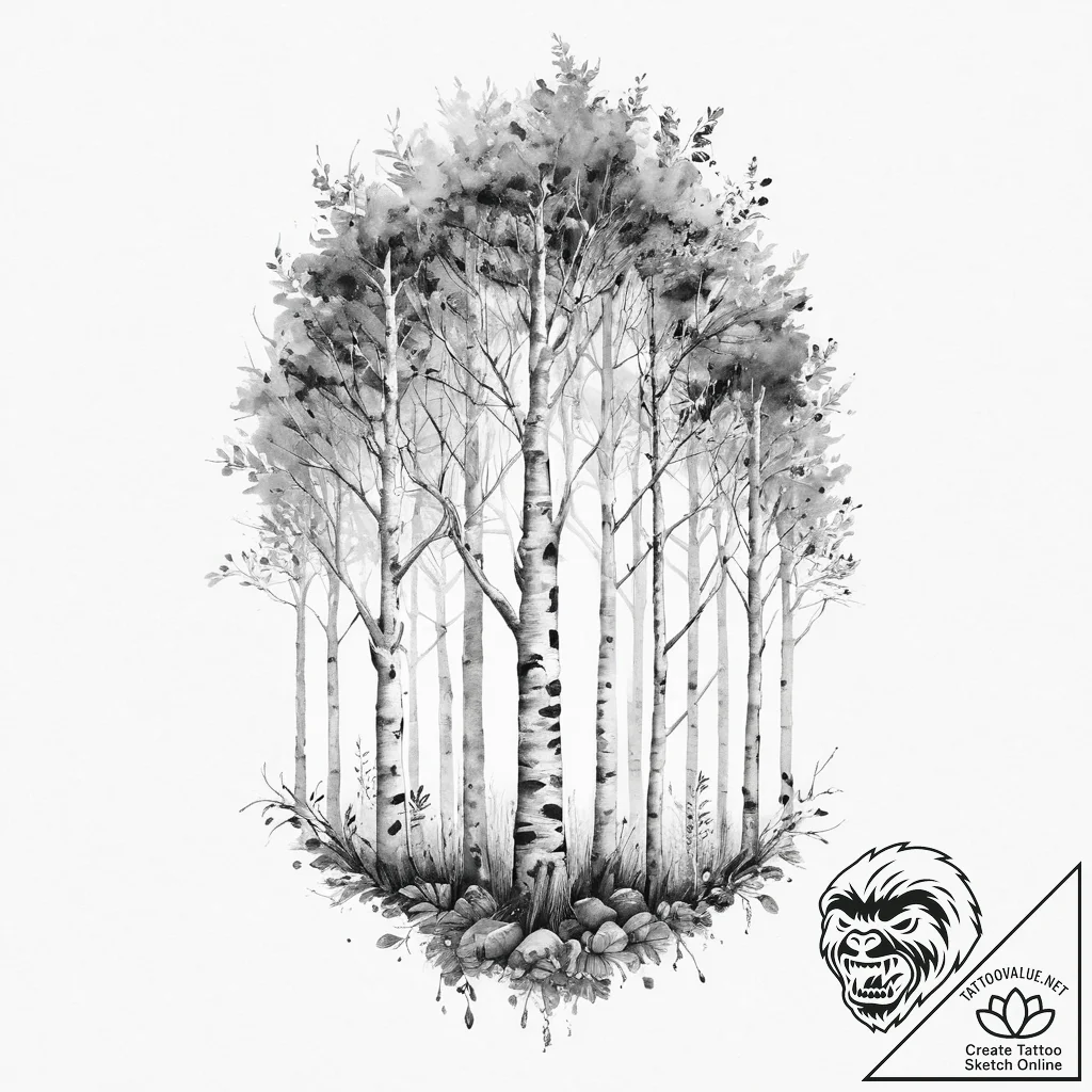 A watercolor tattoo of a birch grove in autum... - tattoo sketch (№1754517921_0, 06.08.2025 22:05) — tattoovalue.net