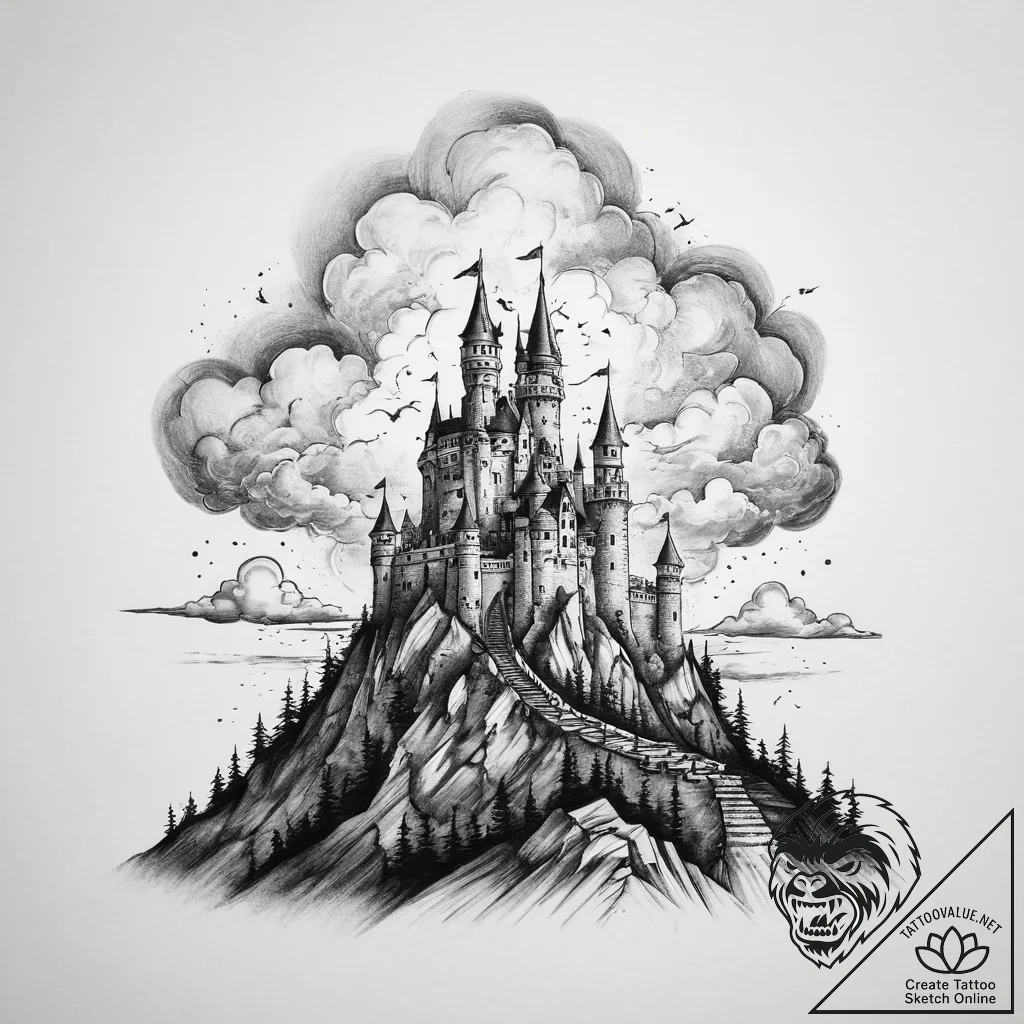 Tattoo design a shadowy castle on a hill unde... - tattoo sketch (№1754518743_0, 06.08.2025 22:19) — tattoovalue.net