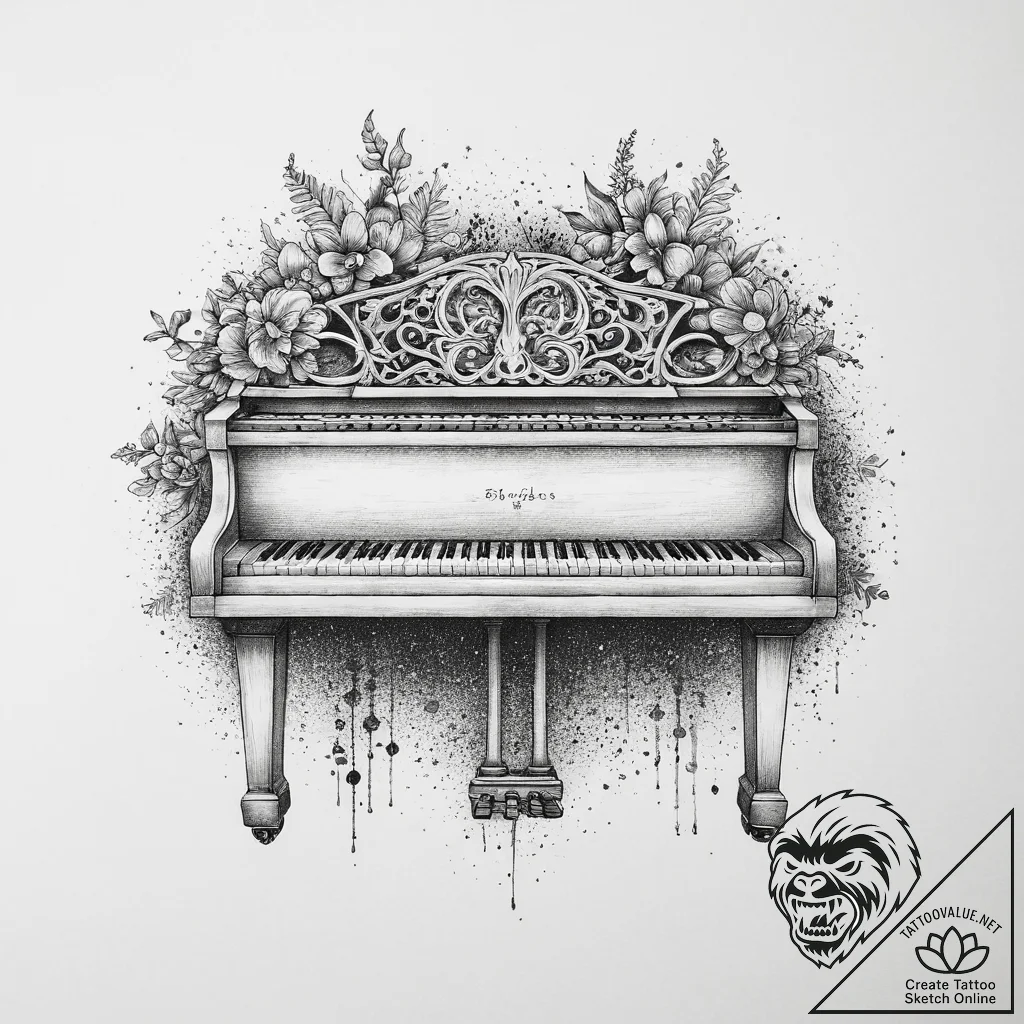A close-up of the keys of a vintage, well-use... - tattoo sketch (№1754518943_0, 06.08.2025 22:22) — tattoovalue.net