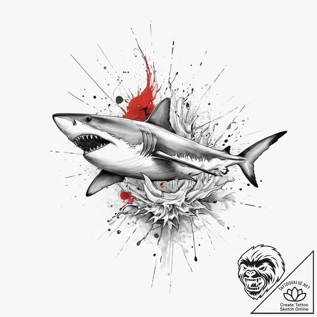 A great white shark breaching the water, capt... - tattoo sketch (№1754519945_0, 06.08.2025 22:39) — tattoovalue.net