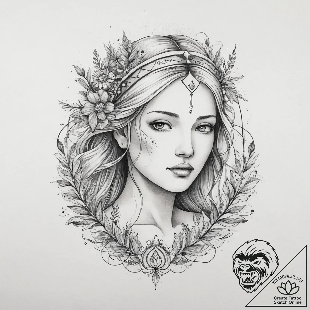 Tattoo design a virgo maiden as an ancient wi... - tattoo sketch (№1754520343_0, 06.08.2025 22:45) — tattoovalue.net