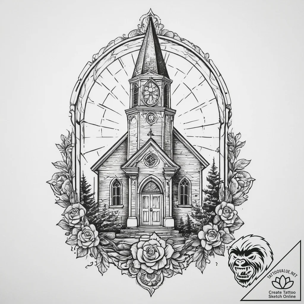 The inside of an old, abandoned church, with... - tattoo sketch (№1754522364_0, 06.08.2025 23:19) — tattoovalue.net