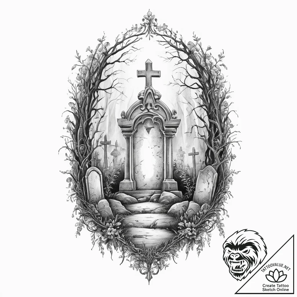 Tattoo sketch a stylized graveyard with a lon... - tattoo sketch (№1754522978_0, 06.08.2025 23:29) — tattoovalue.net
