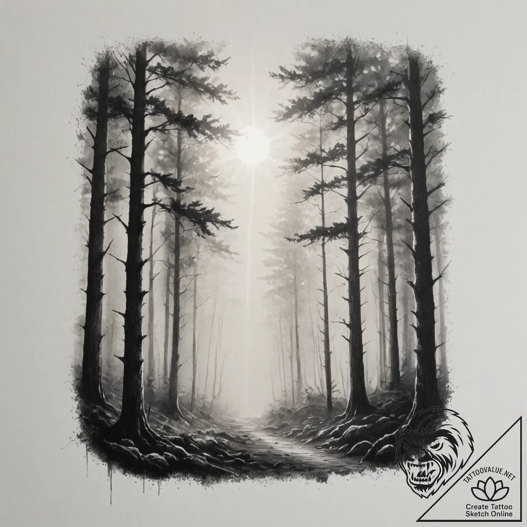 A dark, moody forest with rays of light break... - tattoo sketch (№1754566257_0, 07.08.2025 11:30) — tattoovalue.net