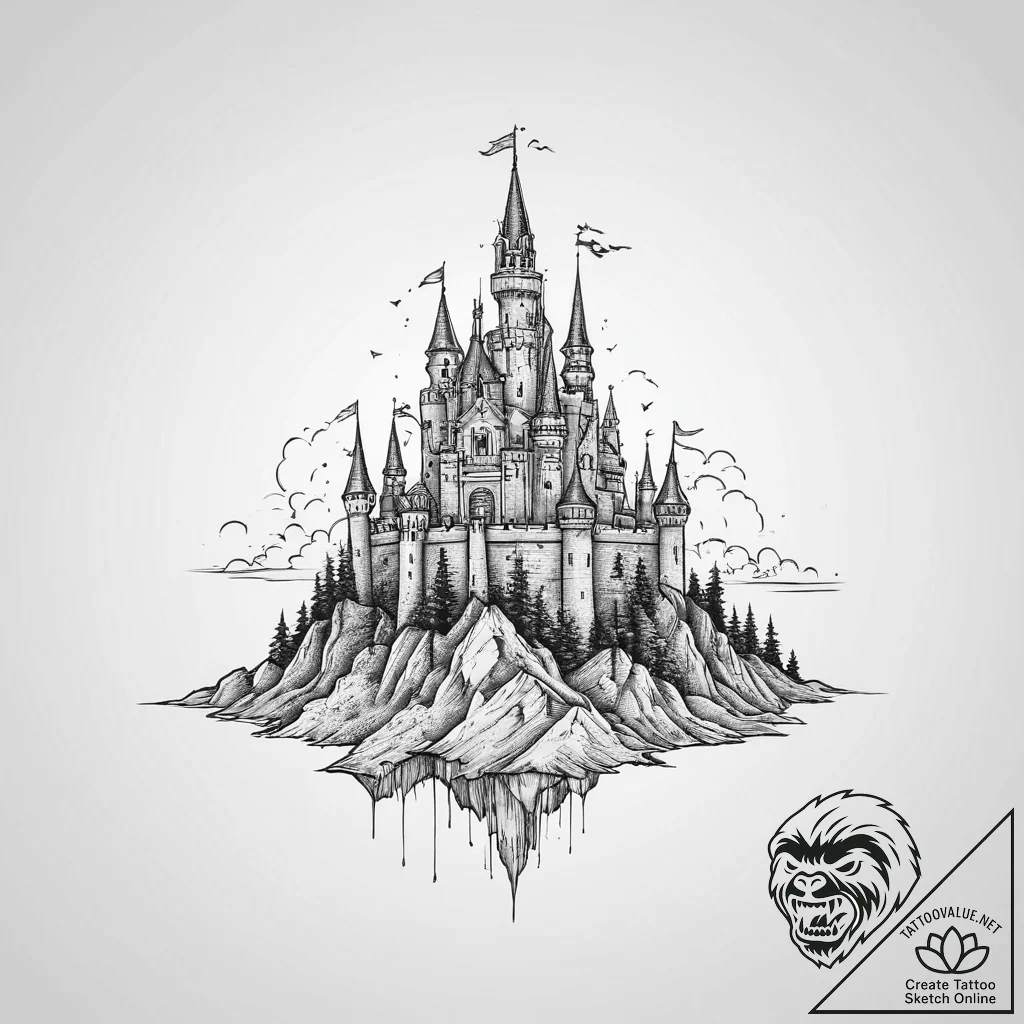 Tattoo sketch a pixelated castle silhouette o... - tattoo sketch (№1754571687_0, 07.08.2025 13:01) — tattoovalue.net
