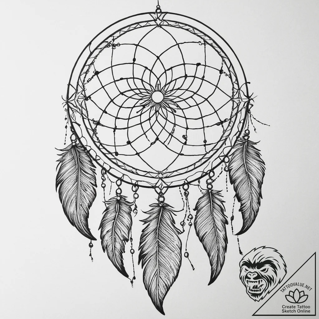 Tattoo design a dreamcatcher with shadowy fea... - tattoo sketch (№1754573271_0, 07.08.2025 13:27) — tattoovalue.net
