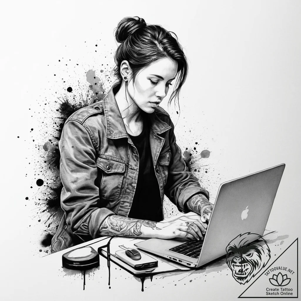 A journalist in a flak jacket, typing on a la... - tattoo sketch (№1754574663_0, 07.08.2025 13:51) — tattoovalue.net