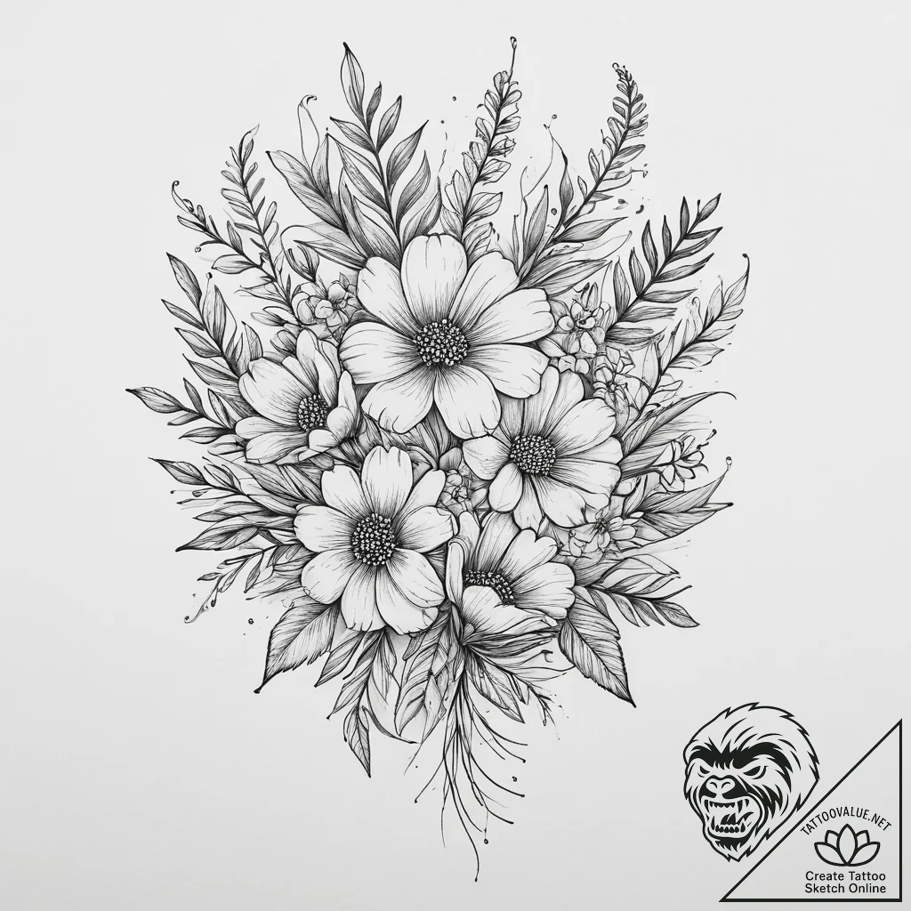 Tattoo design a bouquet of birth flowers for... - tattoo sketch (№1754577666_0, 07.08.2025 14:41) — tattoovalue.net