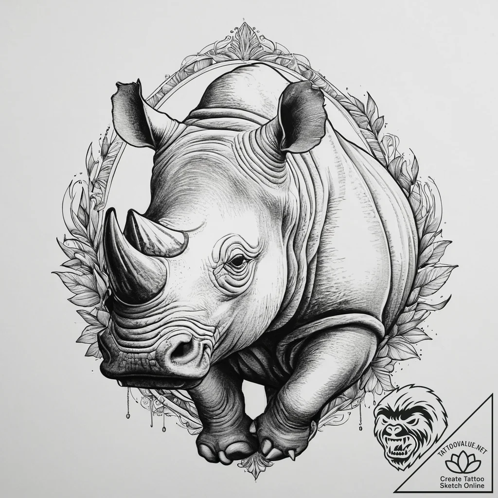 Rhinoceros, concept art for tattoo, on a clea... - tattoo sketch (№1754580063_0, 07.08.2025 15:21) — tattoovalue.net