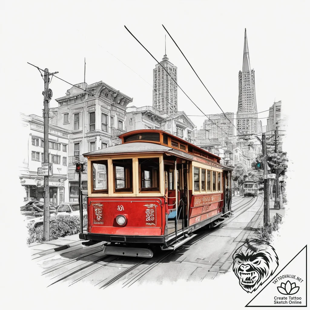 A street-level view of the iconic cable cars... - tattoo sketch (№1754581462_0, 07.08.2025 15:44) — tattoovalue.net