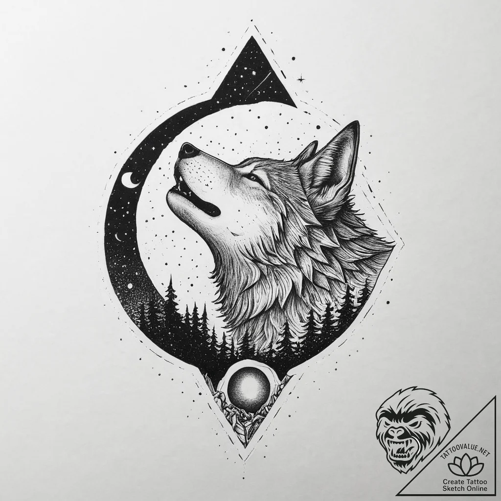 A dotwork tattoo design of a wolf howling at... - tattoo sketch (№1754583057_0, 07.08.2025 16:10) — tattoovalue.net