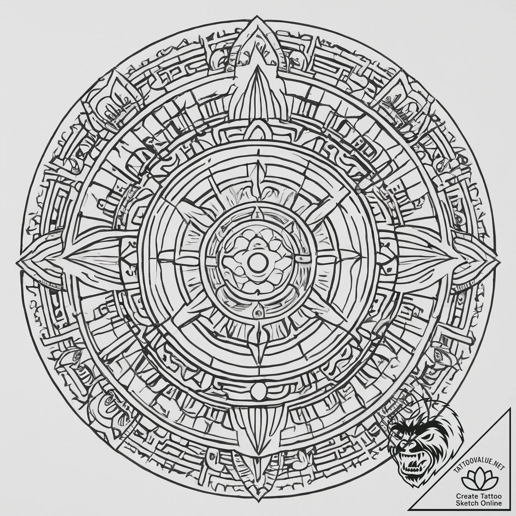 A mayan calendar stone, concept art for tatto... - tattoo sketch (№1754583453_0, 07.08.2025 16:17) — tattoovalue.net