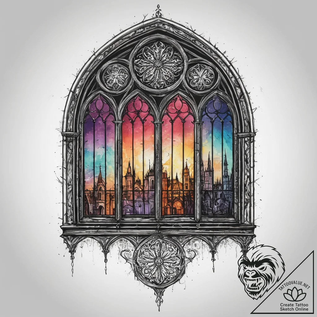 A single gothic cathedral window, artistic ta... - tattoo sketch (№1754583653_0, 07.08.2025 16:20) — tattoovalue.net