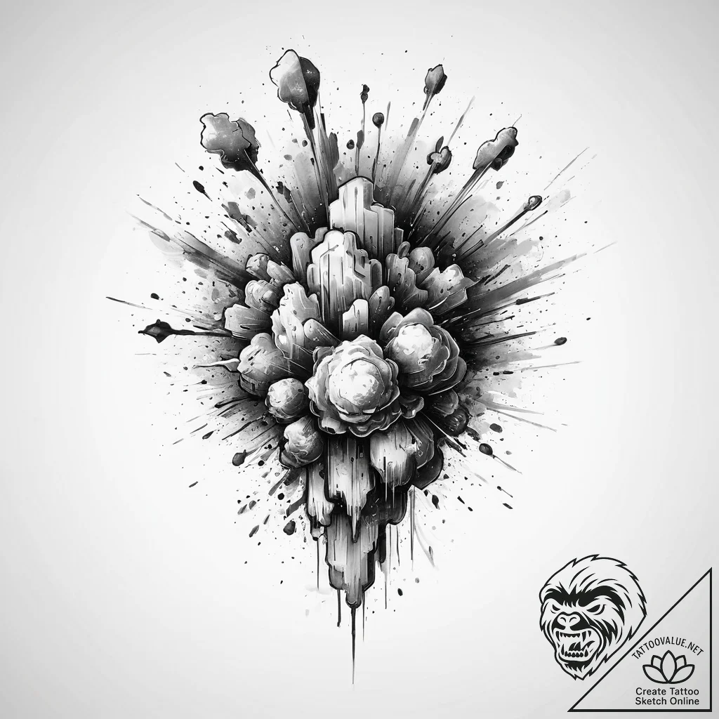 Tattoo sketch a pixelated explosion with smok... - tattoo sketch (№1754584055_0, 07.08.2025 16:27) — tattoovalue.net