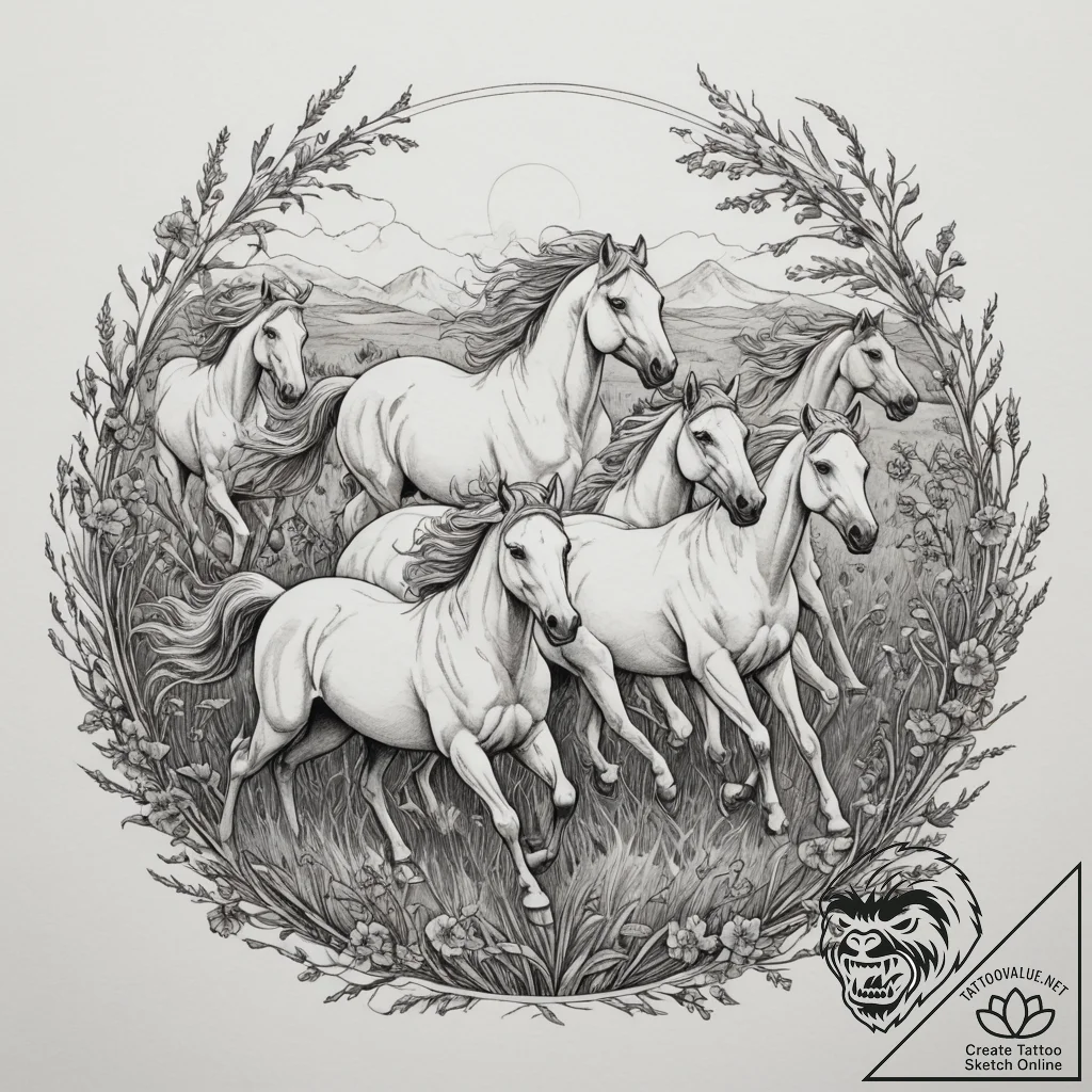 A herd of wild horses galloping across a gras... - tattoo sketch (№1754586658_0, 07.08.2025 17:10) — tattoovalue.net