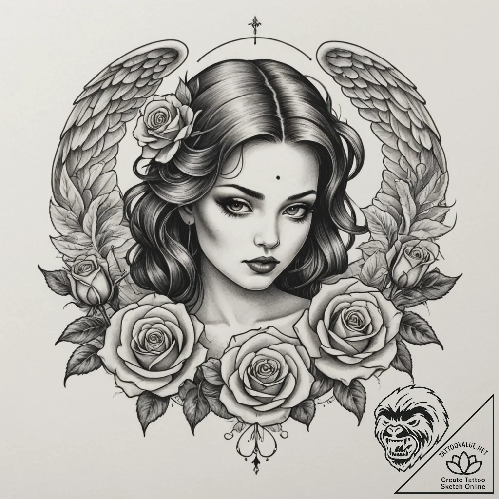 Angel, tattoo line art, sepia tone sketch, vi... - tattoo sketch (№1754590485_0, 07.08.2025 18:14) — tattoovalue.net