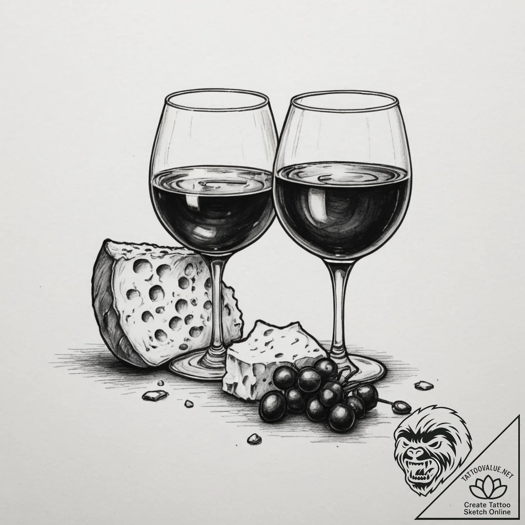 Tattoo design 'wine glass' on one, 'cheese' o... - tattoo sketch (№1754590690_0, 07.08.2025 18:18) — tattoovalue.net