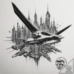 Tattoo sketch a cyberpunk city with flying ve… – tattoo sketch (№1754591096_0, 07.08.2025 18:24) — tattoovalue.net