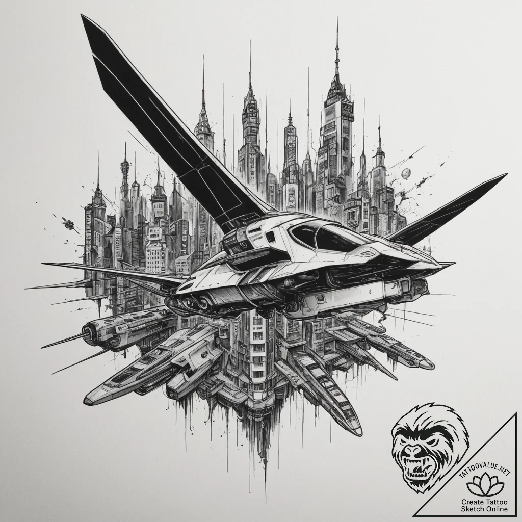 Tattoo sketch a cyberpunk city with flying ve... - tattoo sketch (№1754591096_0, 07.08.2025 18:24) — tattoovalue.net