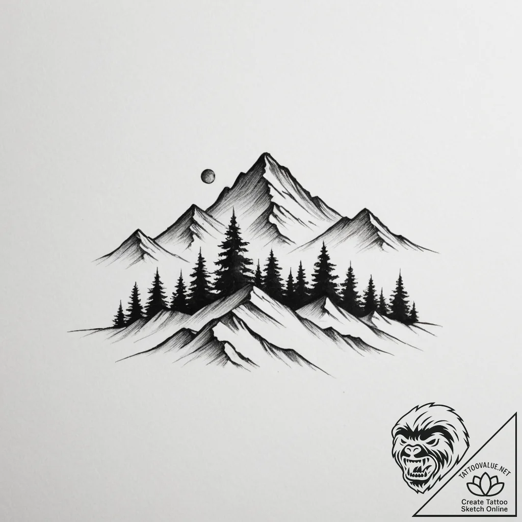 Tattoo design a mountain range with a lone tr... - tattoo sketch (№1754592297_0, 07.08.2025 18:44) — tattoovalue.net