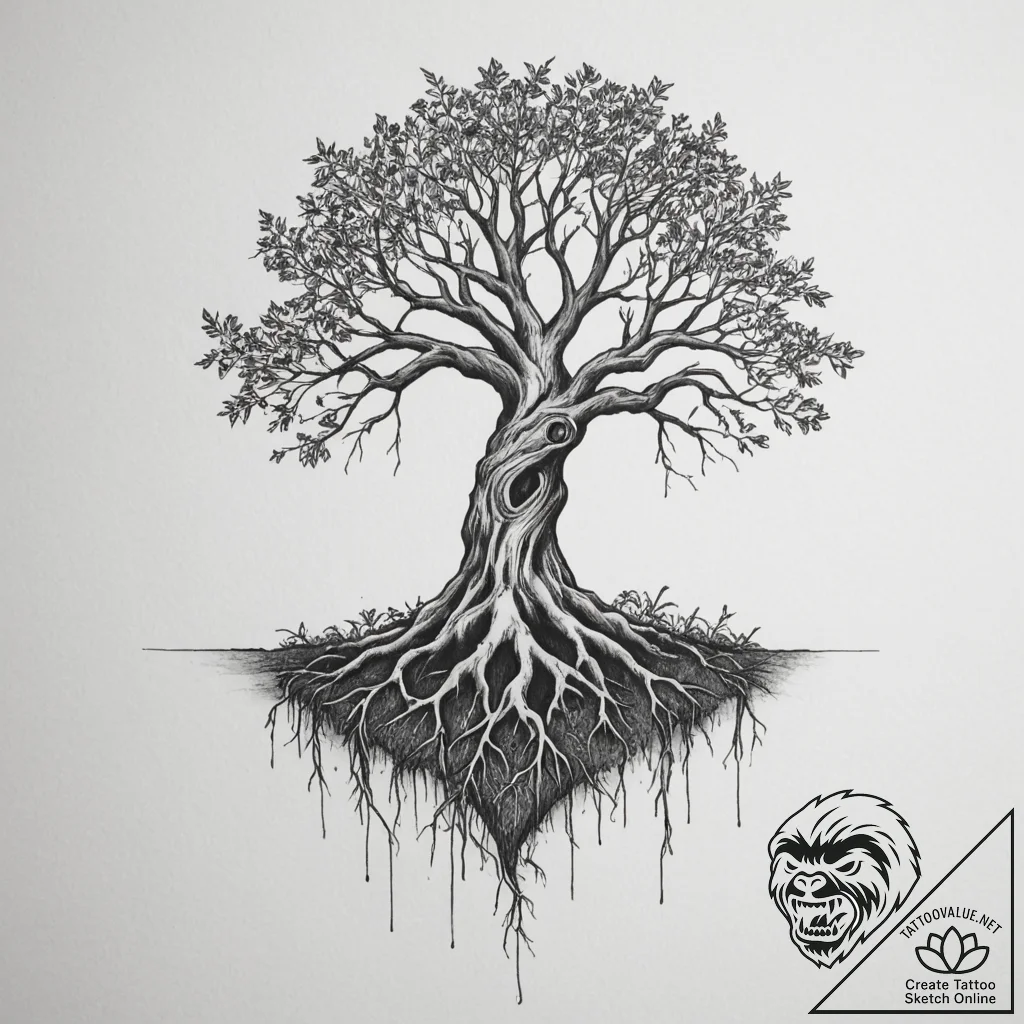 Tattoo sketch a tree with roots growing into... - tattoo sketch (№1754595472_0, 07.08.2025 19:37) — tattoovalue.net