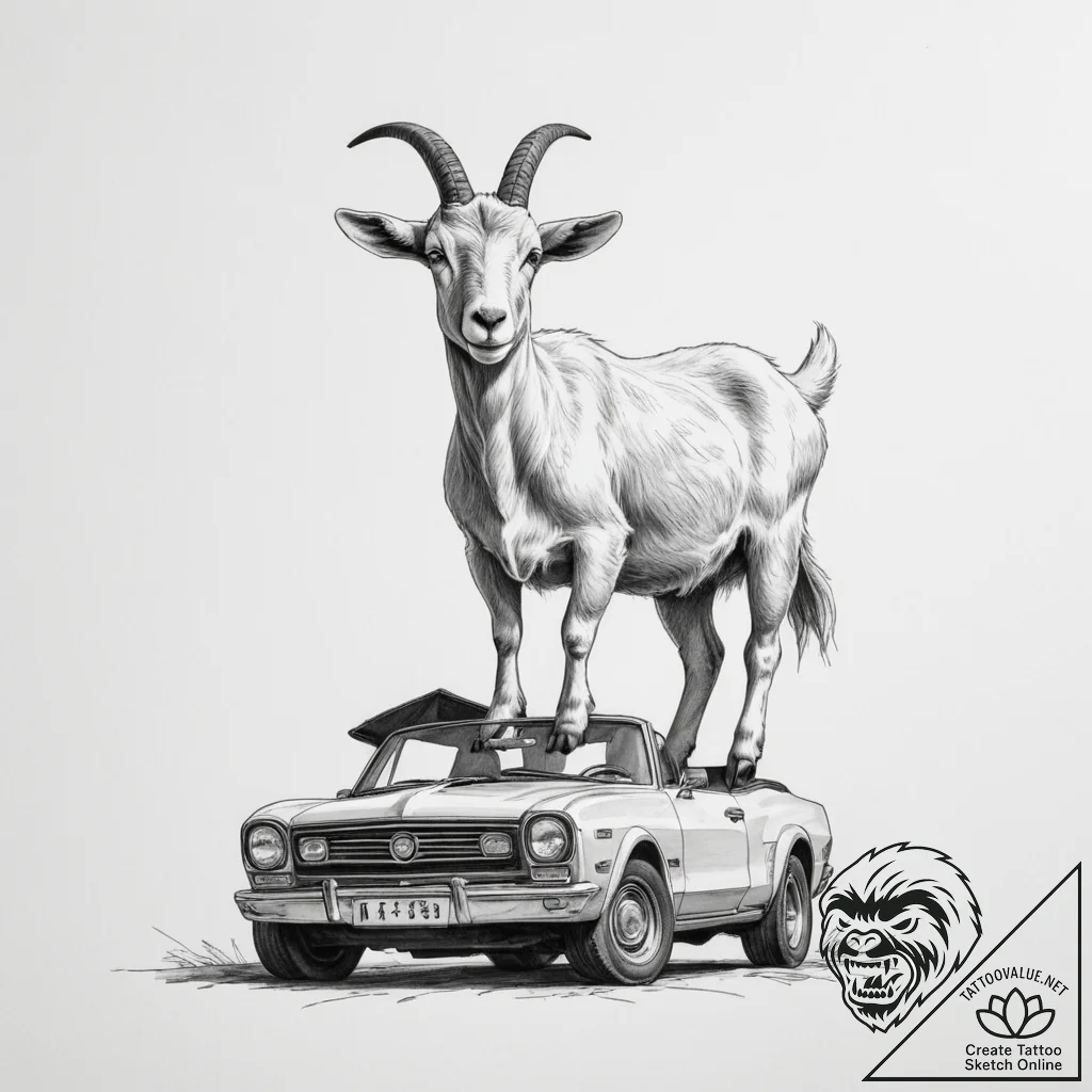 A curious goat standing on the roof of a car. - tattoo sketch (№1754602914_0, 07.08.2025 21:41) — tattoovalue.net