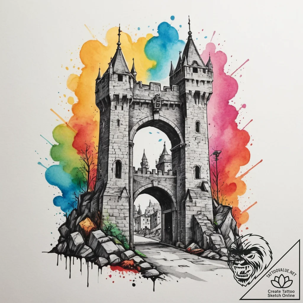 Tattoo sketch a fortified city gate, symboliz... - tattoo sketch (№1754604930_0, 07.08.2025 22:15) — tattoovalue.net