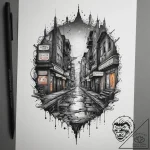 Tattoo sketch a cyberpunk alleyway with neon… – tattoo sketch (№1754609356_0, 07.08.2025 23:29) — tattoovalue.net