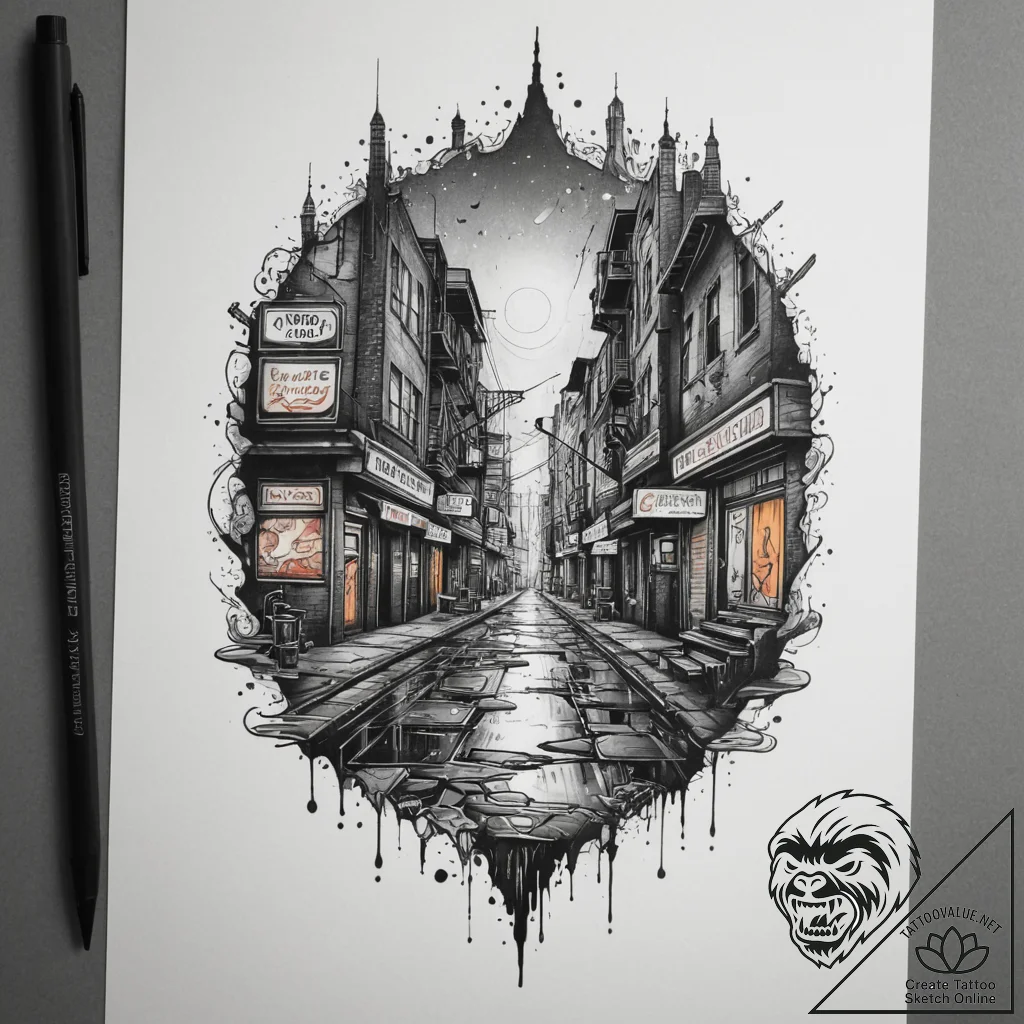 Tattoo sketch a cyberpunk alleyway with neon... - tattoo sketch (№1754609356_0, 07.08.2025 23:29) — tattoovalue.net