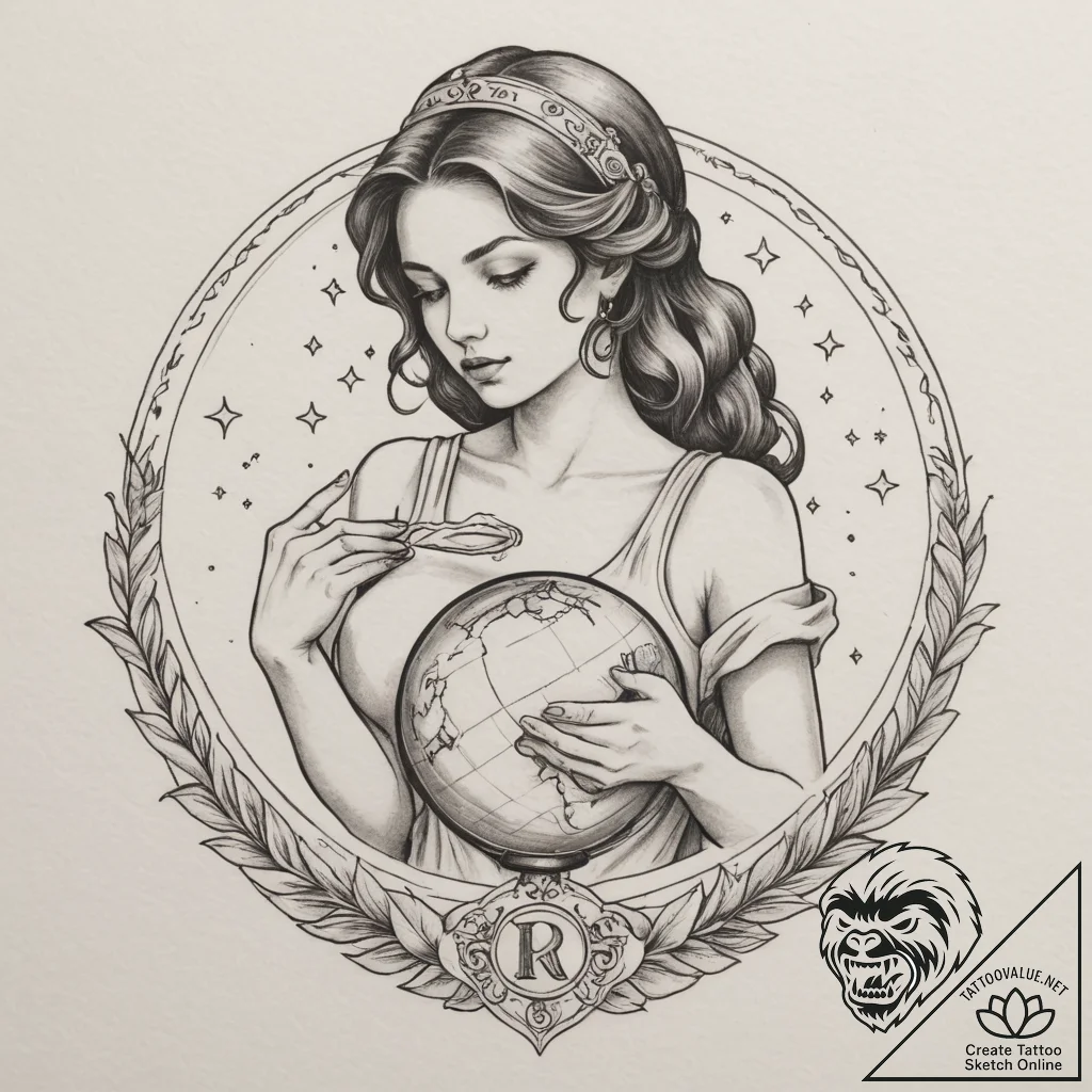 Tattoo design a virgo maiden holding a celest... - tattoo sketch (№1754611381_0, 08.08.2025 00:03) — tattoovalue.net