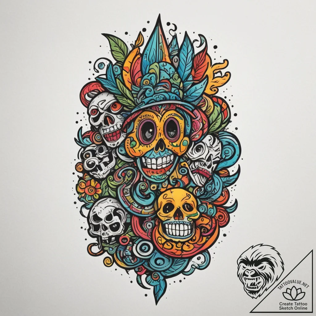 A narrow, colorful street in a mexican villag... - tattoo sketch (№1754611992_0, 08.08.2025 00:13) — tattoovalue.net