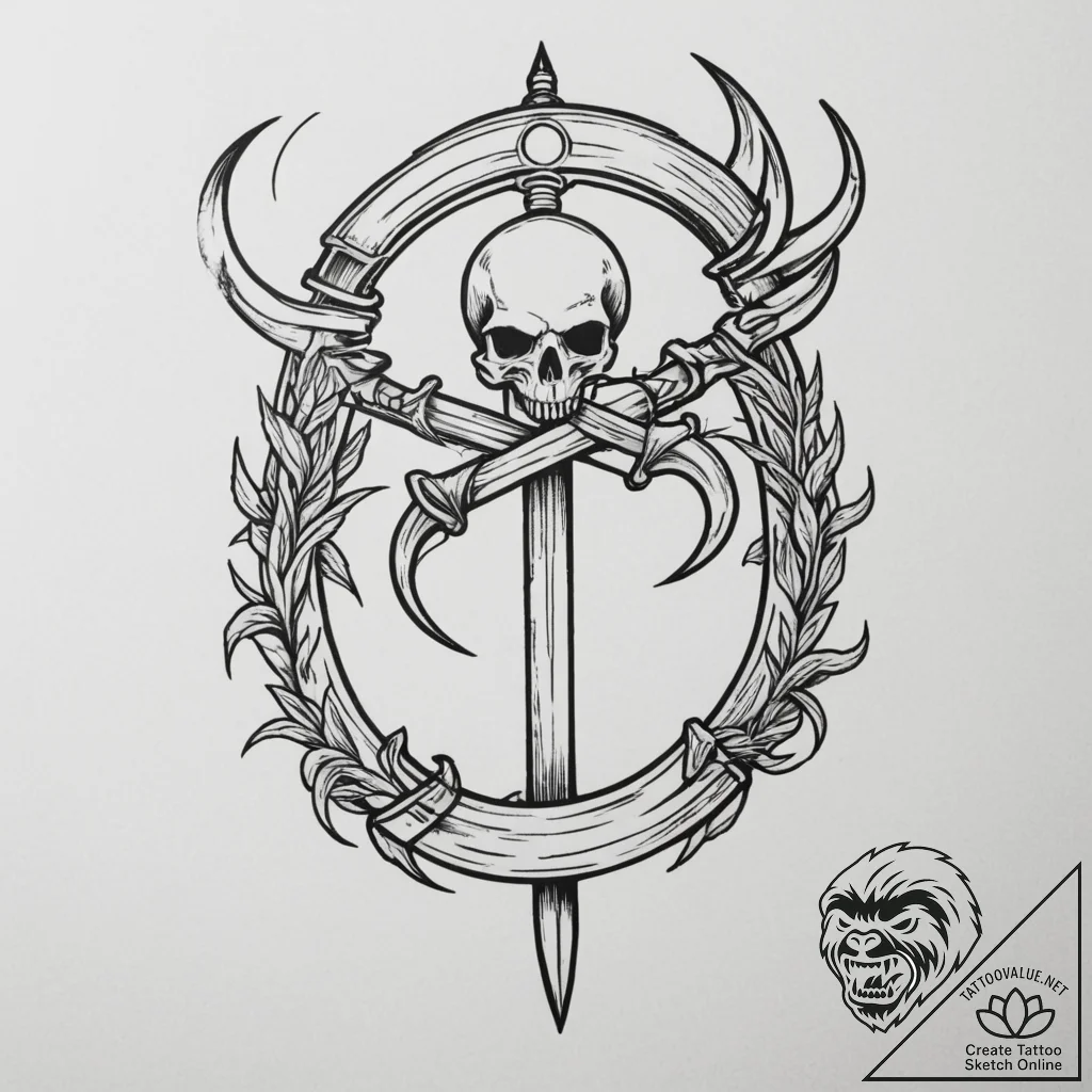 Scythe, tattoo drawing outline, old school tr... - tattoo sketch (№1754614203_0, 08.08.2025 00:50) — tattoovalue.net