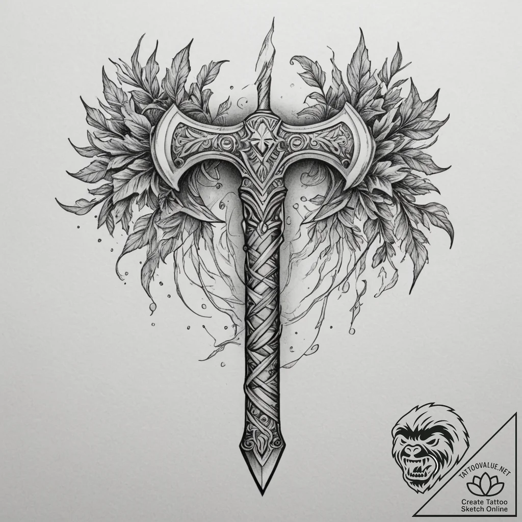 Tattoo sketch: perun's stylized war axe, crac... - tattoo sketch (№1754615628_0, 08.08.2025 01:13) — tattoovalue.net