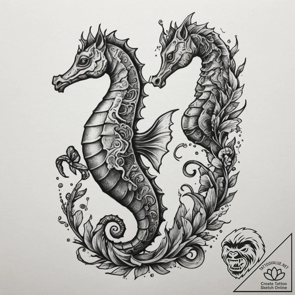 Seahorse, concept art for tattoo, black and w... - tattoo sketch (№1754619846_0, 08.08.2025 02:24) — tattoovalue.net