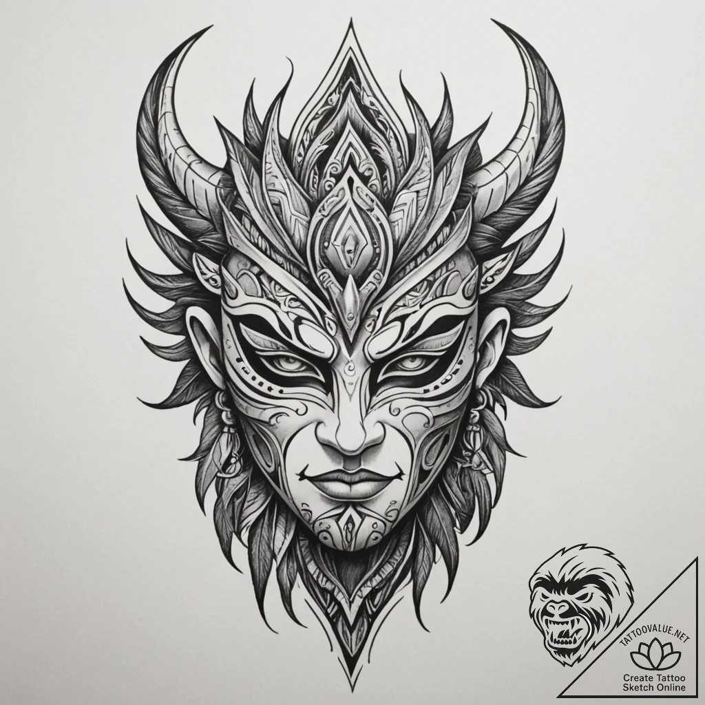 Tattoo sketch a powerful tribal mask with a f... - tattoo sketch (№1754620257_0, 08.08.2025 02:30) — tattoovalue.net