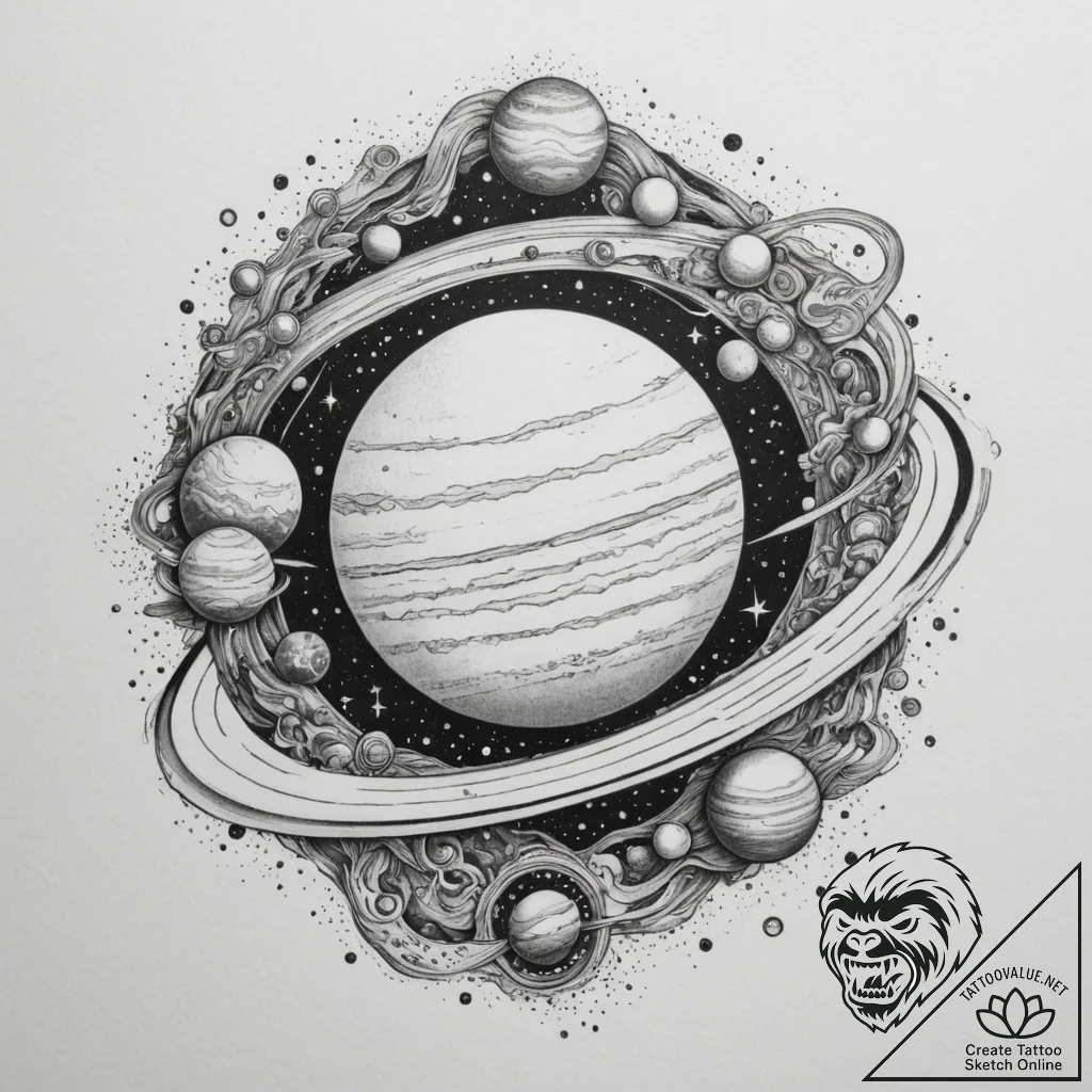 Jupiter (planet), tattoo line art, black and... - tattoo sketch (№1754623908_0, 08.08.2025 03:31) — tattoovalue.net
