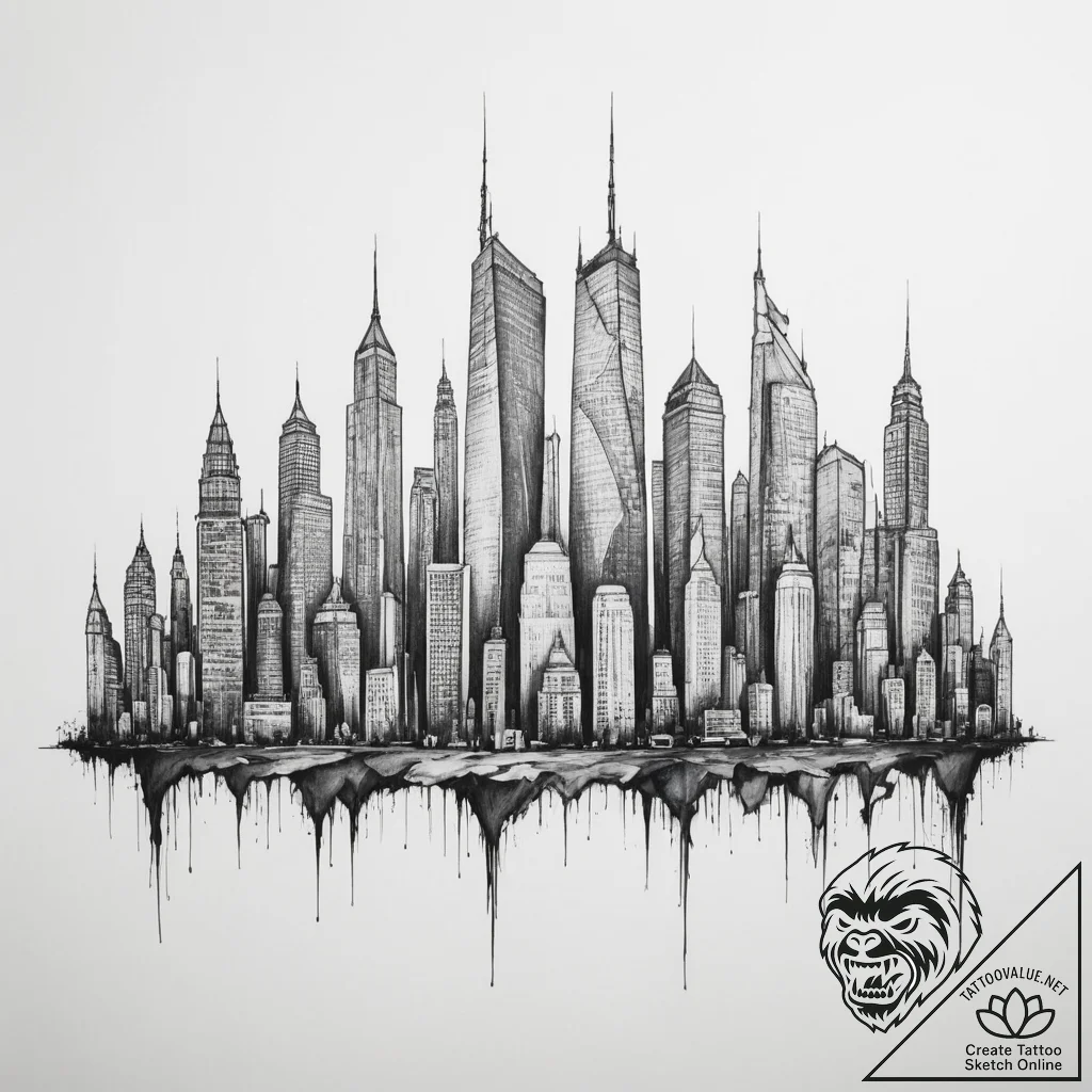 Dystopian city skyline - tattoo sketch (№1754625724_0, 08.08.2025 04:02) — tattoovalue.net