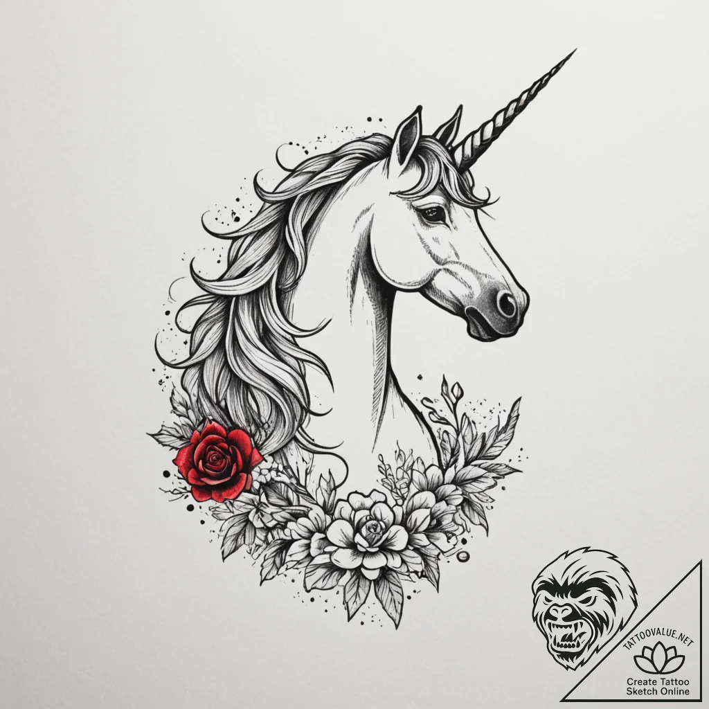 Unicorn, tattoo drawing outline, on a clean w... - tattoo sketch (№1754627313_0, 08.08.2025 04:28) — tattoovalue.net