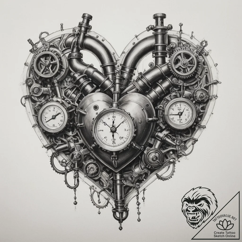 Steampunk heart with pipes and pressure gauge... - tattoo sketch (№1754628110_0, 08.08.2025 04:41) — tattoovalue.net
